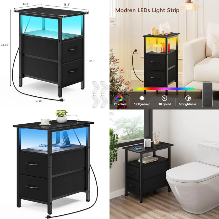 Nightstand with Charging Station and LED Lights, Narrow Side Table, LED Night Stand with 2 Fabric Drawers, Bedside Table with U
Nightstand with Charging Station and LED Lights, Narrow Side Table, LED Night Stand with 2 Fabric Drawers, Bedside Table with U