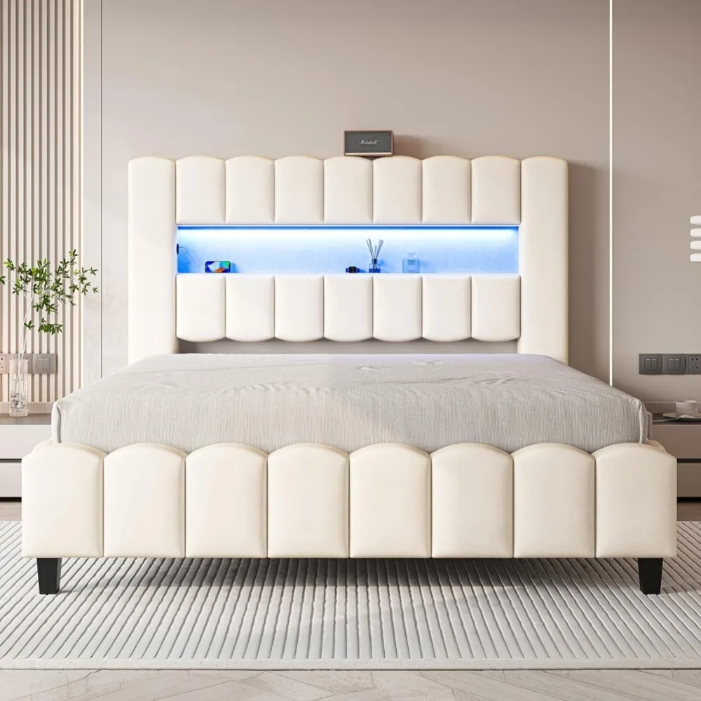 Bed Frame with LED Lights, Velvet Upholstered Platform Bed Frame with Charging Station and 51.2" Storage Headboard
Bed Frame with LED Lights, Velvet Upholstered Platform Bed Frame with Charging Station and 51.2" Storage Headboard