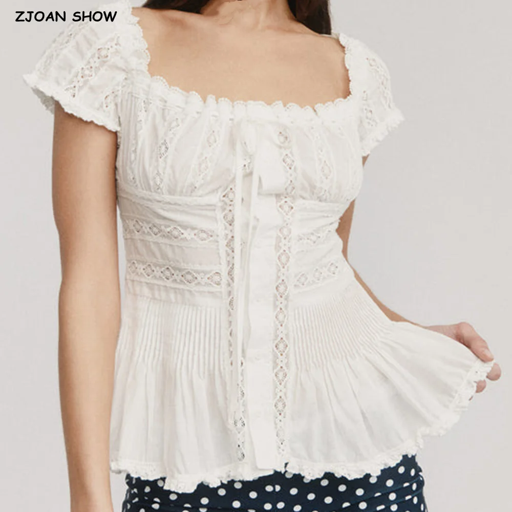 2025 White Adjusted Rope Bow Collar Spliced Lace Short Sleeve Shirt Women Fold Pleated Slim Waist Ruffles hem Buttons Crop Tops
2025 White Adjusted Rope Bow Collar Spliced Lace Short Sleeve Shirt Women Fold Pleated Slim Waist Ruffles hem Buttons Crop Tops
