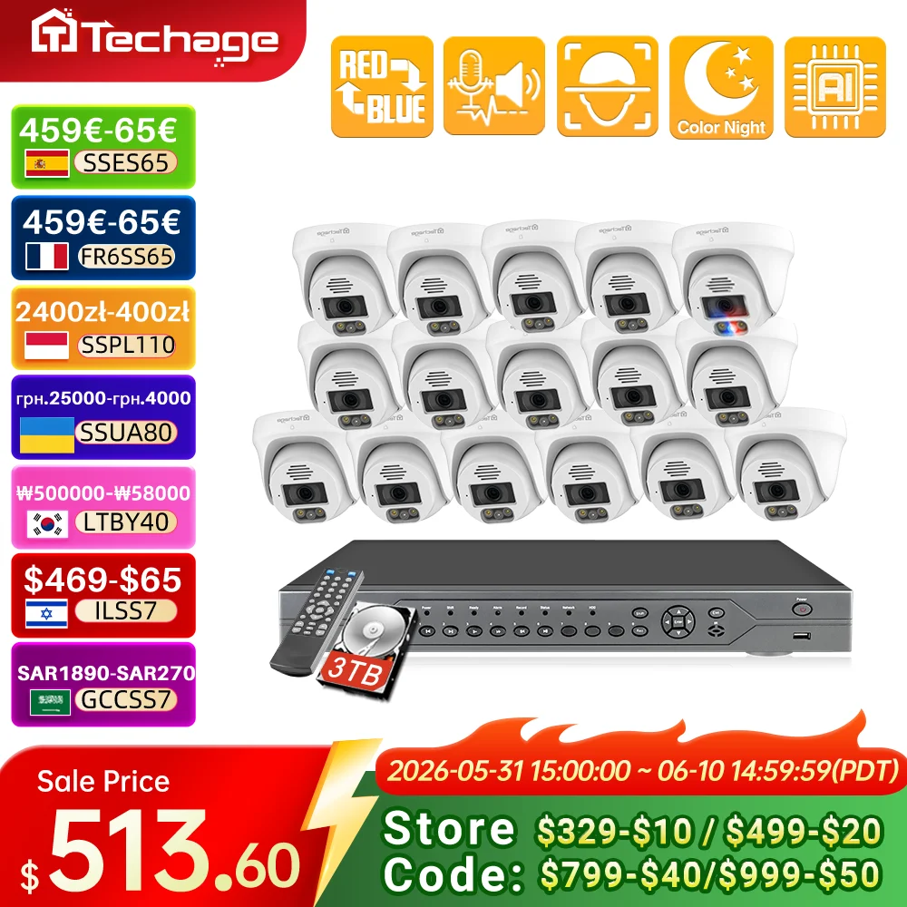Techage 16CH 4K 8MP POE Camera Security System Dome Two-Way Audio Full Color Night Vision CCTV Video Surveillance Camera Kit
Techage 16CH 4K 8MP POE Camera Security System Dome Two-Way Audio Full Color Night Vision CCTV Video Surveillance Camera Kit