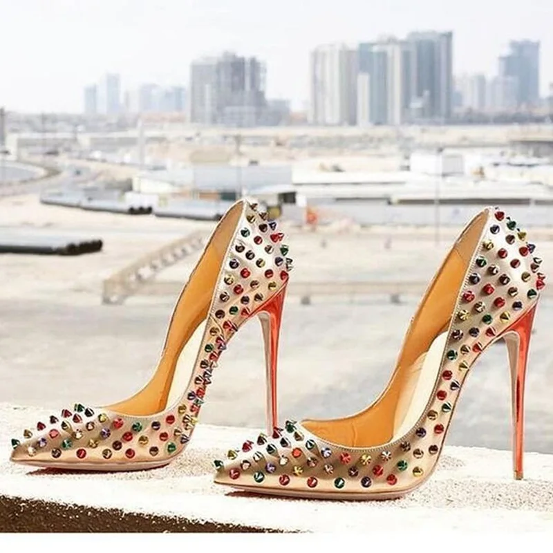 Colorful Rivets Woman Pumps Stiletto High Heels 12cm Champagne Patent Leather Pointed Toe Slip on Party Shoes
Colorful Rivets Woman Pumps Stiletto High Heels 12cm Champagne Patent Leather Pointed Toe Slip on Party Shoes