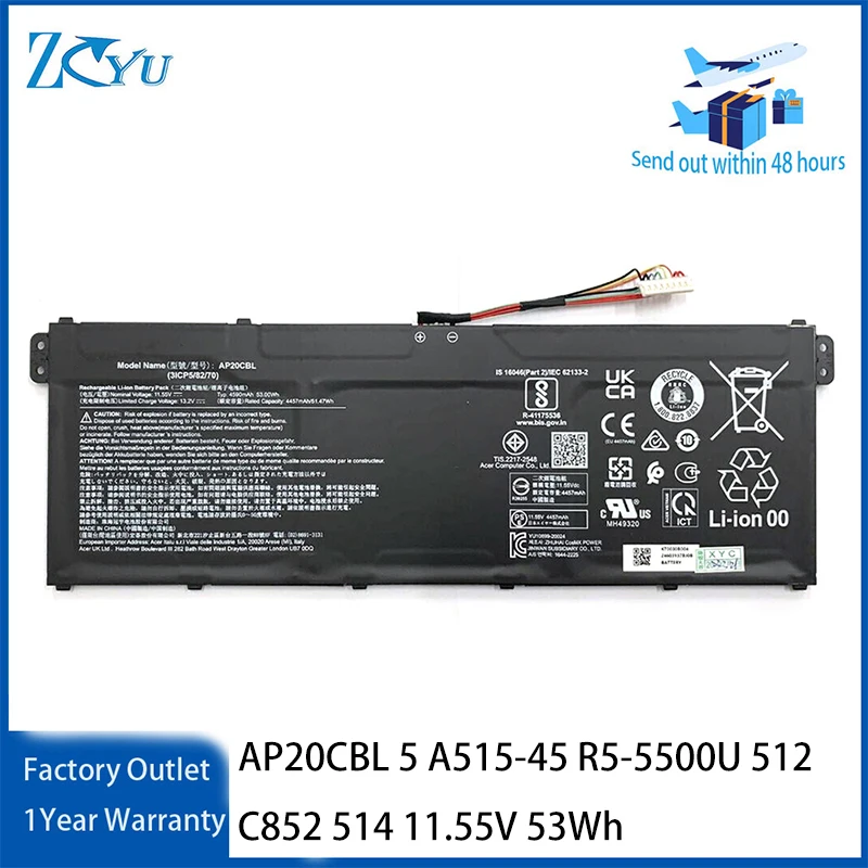 AP20CBL Notebook Battery for Acer Aspire 5 A515-45 Swift SF314 R5-5500U Chromebook 512 C852 514 11.55V 53Wh
AP20CBL Notebook Battery for Acer Aspire 5 A515-45 Swift SF314 R5-5500U Chromebook 512 C852 514 11.55V 53Wh