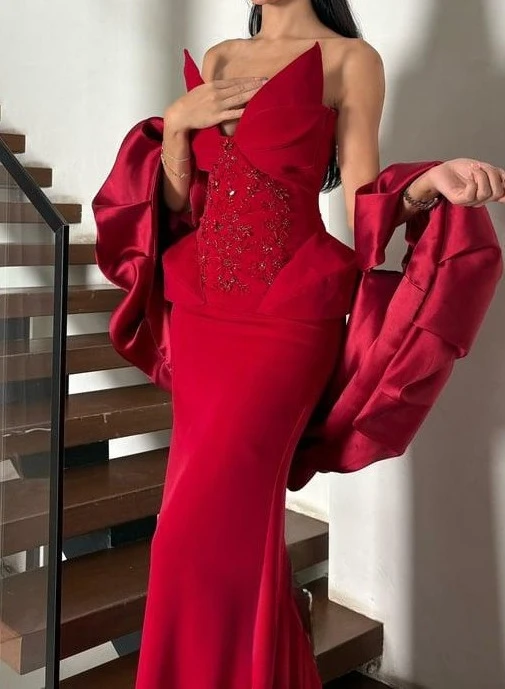 Customized Luxury Burgundy Satin Mermaid Evening Dress Deep V Neck Crystal Beaded Corset With Removable Statement Sleeves
Customized Luxury Burgundy Satin Mermaid Evening Dress Deep V Neck Crystal Beaded Corset With Removable Statement Sleeves