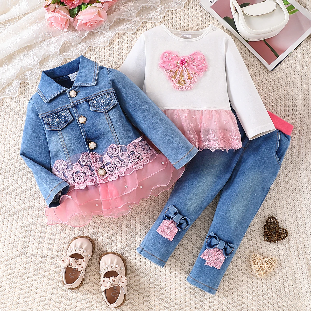 3pcs Spring Autumn Baby Girls Lace Denim Outfit Set, Pearl Lace Jacket + Bow Mesh Top + Bow Skinny Jeans, Sweet Princess Style,
3pcs Spring Autumn Baby Girls Lace Denim Outfit Set, Pearl Lace Jacket + Bow Mesh Top + Bow Skinny Jeans, Sweet Princess Style,