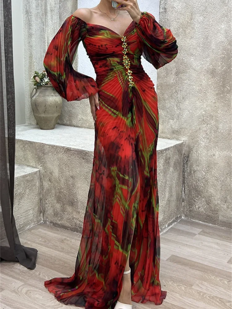 Fashion Tie Dye Print Pleated Dress Spring Clothes Women Lantern Sleeve VNeck Maxi Long Dresses Evening Party Club Dress Vestido
Fashion Tie Dye Print Pleated Dress Spring Clothes Women Lantern Sleeve VNeck Maxi Long Dresses Evening Party Club Dress Vestido