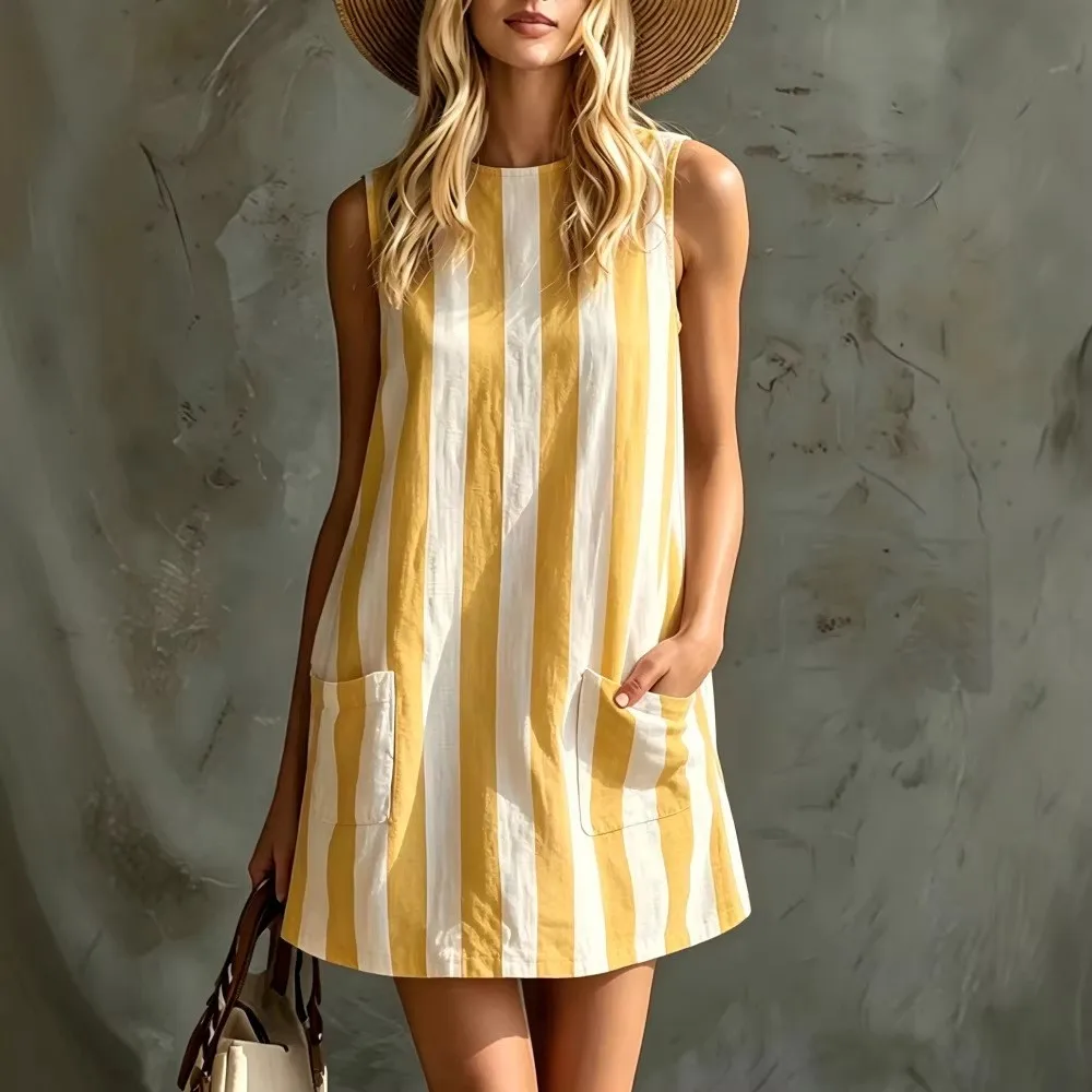 Fashion Retro Striped Sleeveless Mini Dress Summer Women's New Casual Round Neck Cotton Linen Dress With Pockets Платье Женское
Fashion Retro Striped Sleeveless Mini Dress Summer Women's New Casual Round Neck Cotton Linen Dress With Pockets Платье Женское