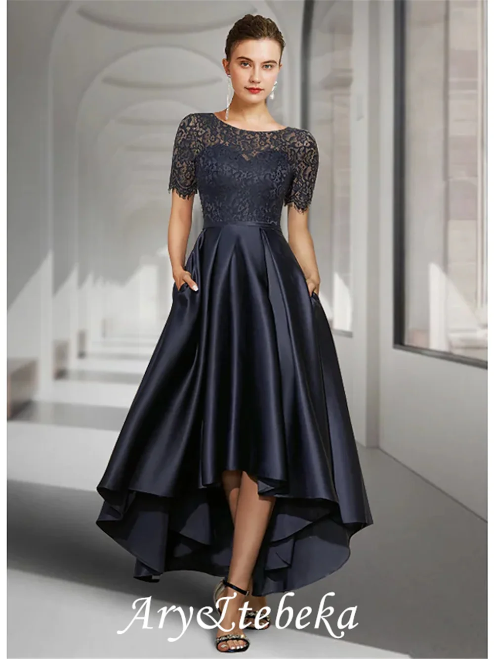 A-Line Mother of the Bride Dress Elegant Jewel Neck Asymmetrical Lace Satin Short Sleeve with Pleats
A-Line Mother of the Bride Dress Elegant Jewel Neck Asymmetrical Lace Satin Short Sleeve with Pleats