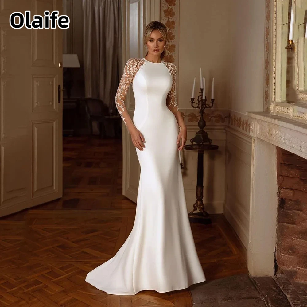 Sexy Elegant Lace Wedding Dresses Round-Neck Satin Mermaid Bridal Gowns Long Sleeves Backless Princess Vestidos De Novias 
Sexy Elegant Lace Wedding Dresses Round-Neck Satin Mermaid Bridal Gowns Long Sleeves Backless Princess Vestidos De Novias