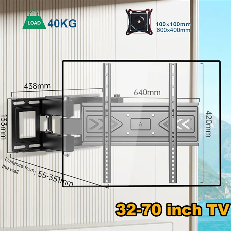 AB66-Full Motion TV Wall Mount With Dual Articulating Arm For Most 32-70 Inch Tvs Swivel Tilt Support Up To VESA 600X400mm
AB66-Full Motion TV Wall Mount With Dual Articulating Arm For Most 32-70 Inch Tvs Swivel Tilt Support Up To VESA 600X400mm