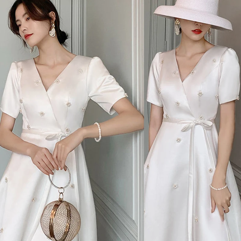 Fashionable Short-Sleeve Satin Wedding Dress V-Neck Registry Office Photography White Diamond Evening Gown Bride Casual Wear
Fashionable Short-Sleeve Satin Wedding Dress V-Neck Registry Office Photography White Diamond Evening Gown Bride Casual Wear