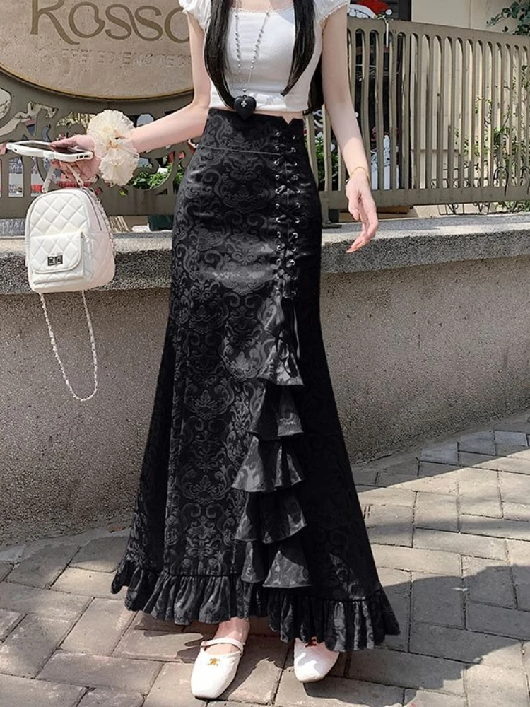 Gothic Maxi Skirt, Victorian Court, Medieval Punk, Fishtail, Tie Waist, Trim Peak, Print Skirt
Gothic Maxi Skirt, Victorian Court, Medieval Punk, Fishtail, Tie Waist, Trim Peak, Print Skirt