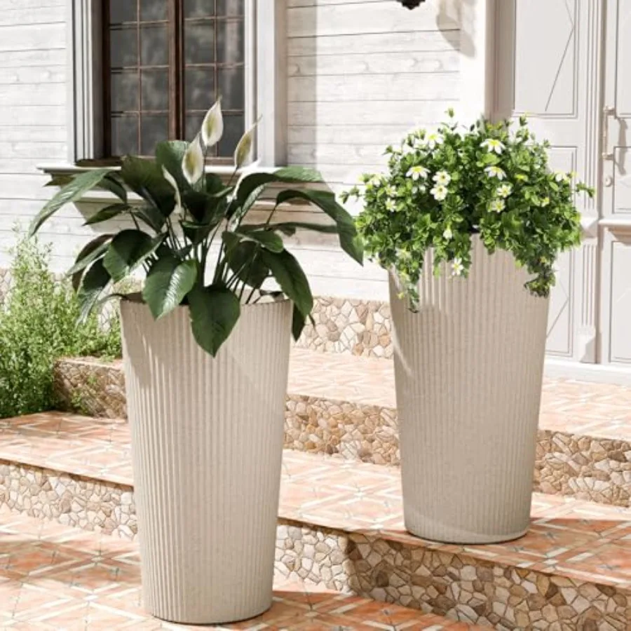 Outdoor planters for front porch decor plastic striped material black color 23.6 H tall size with drainage holes 2-pack large p
Outdoor planters for front porch decor plastic striped material black color 23.6 H tall size with drainage holes 2-pack large p