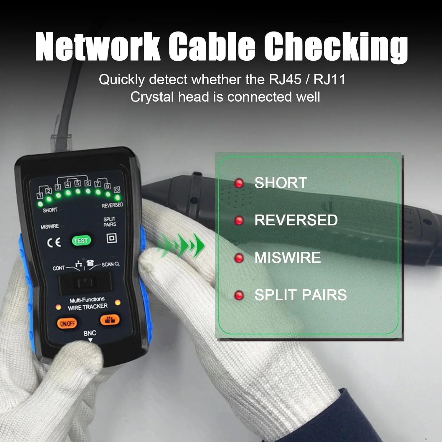 Wire Tracker Cable Tester RJ45/RJ11/BNC Tone Probe Kit Continuity Line Finder Open Short for Home Office Network HP-5900A
Wire Tracker Cable Tester RJ45/RJ11/BNC Tone Probe Kit Continuity Line Finder Open Short for Home Office Network HP-5900A