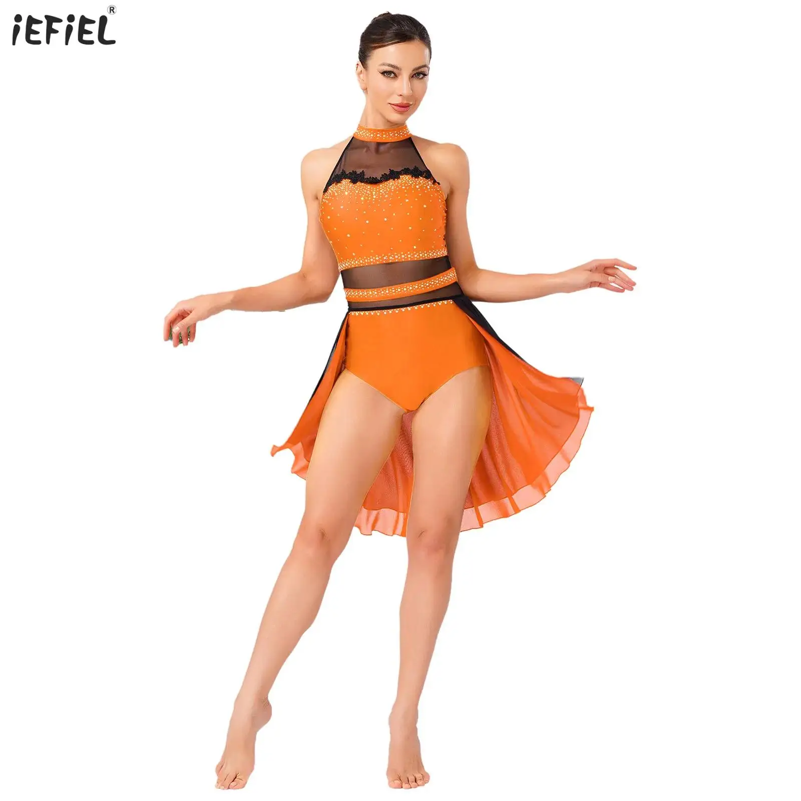 Womens Lyrical Latin Dance Leotard Dress Halter Backless Shiny Rhinestones Contrast Color Mesh Patchwork Skirted Bodysuit Dress
Womens Lyrical Latin Dance Leotard Dress Halter Backless Shiny Rhinestones Contrast Color Mesh Patchwork Skirted Bodysuit Dress