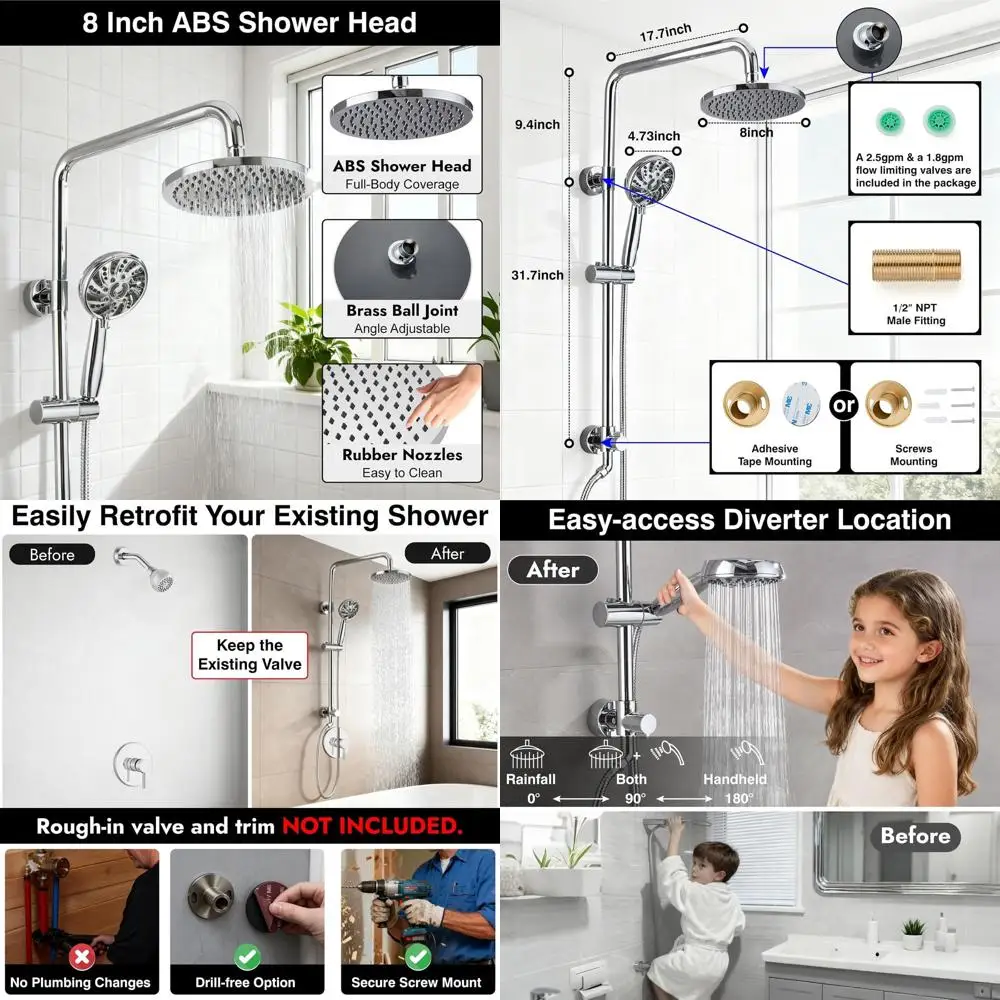 8-Inch Wall-Mounted Rain Shower System with 5-Setting Handheld Spray and Slide Bar in Polished Chrome
8-Inch Wall-Mounted Rain Shower System with 5-Setting Handheld Spray and Slide Bar in Polished Chrome