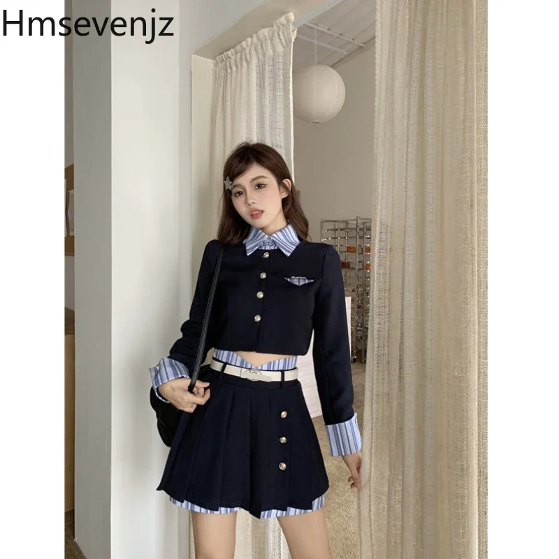 Navy Blue Academy Style Skirts Set Early Spring Contrast Color Fake Two Short Cardigan Half Skirt Two Piece Set Women Outfits
Navy Blue Academy Style Skirts Set Early Spring Contrast Color Fake Two Short Cardigan Half Skirt Two Piece Set Women Outfits