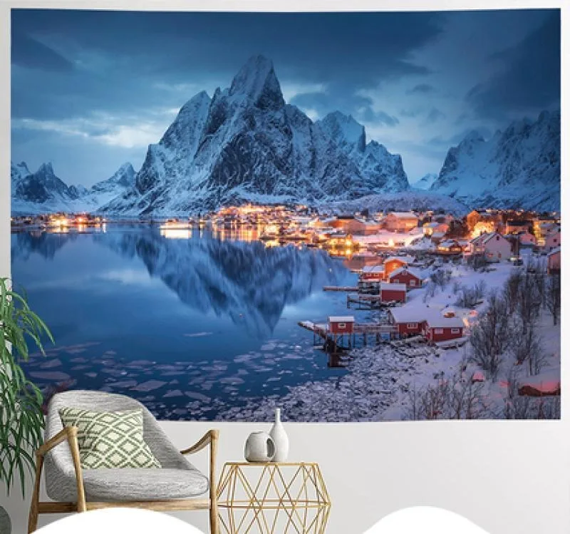 Snowy Mountain Lake Village Night Tapestry, Winter Scenery Wall Decor for Room
Snowy Mountain Lake Village Night Tapestry, Winter Scenery Wall Decor for Room