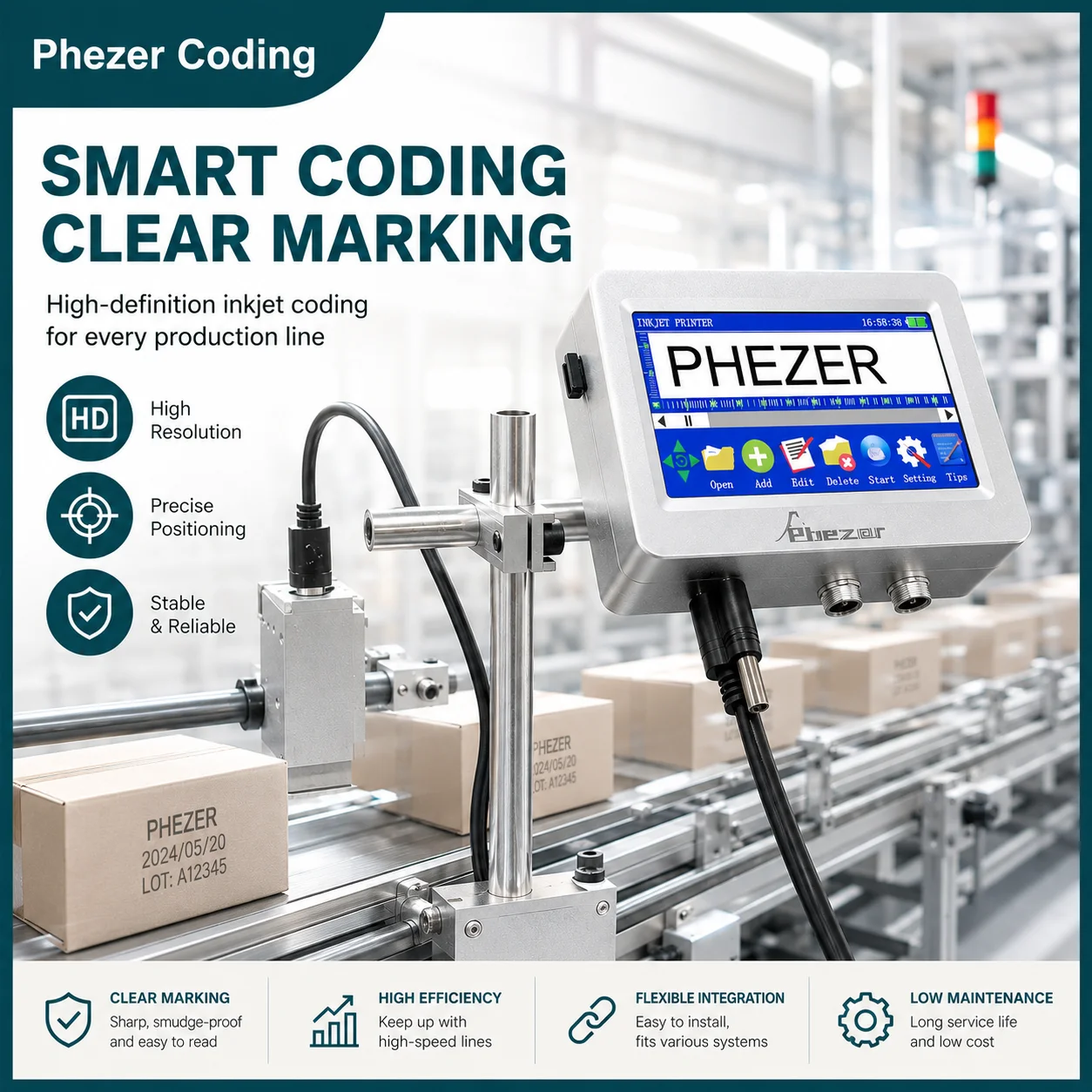 Phezer QR Bar Batch Code Date Number Logo Expiry Date Label Printer TIJ 12.7/25.4mm PX1 Online Inkjet Printer Thermal Computer
Phezer QR Bar Batch Code Date Number Logo Expiry Date Label Printer TIJ 12.7/25.4mm PX1 Online Inkjet Printer Thermal Computer