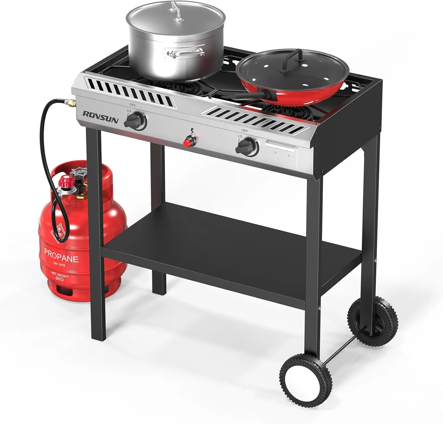 150,000 BTU Propane Gas Stove with Auto Ignition, 2 Burner, Storage Shelf, Rolling Wheels & Regulator for Outdoor Camping, Home Backyard Cooking, Frying, Brewing, Canning
150,000 BTU Propane Gas Stove with Auto Ignition, 2 Burner, Storage Shelf, Rolling Wheels & Regulator for Outdoor Camping, Home Backyard Cooking, Frying, Brewing, Canning