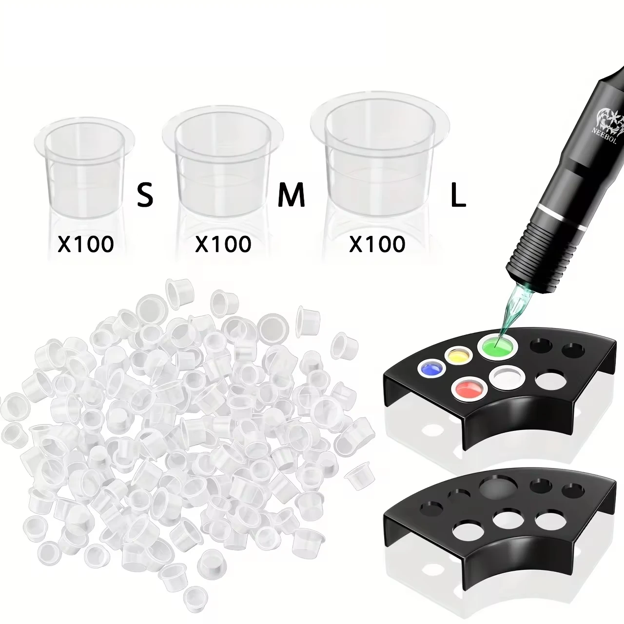 300pcs Tattoo Ink Caps with 2 Cups Holders -100 Small 100 Medium 100 Large Tattoo Ink Cups +2 Cups Holders for Ink Container
300pcs Tattoo Ink Caps with 2 Cups Holders -100 Small 100 Medium 100 Large Tattoo Ink Cups +2 Cups Holders for Ink Container