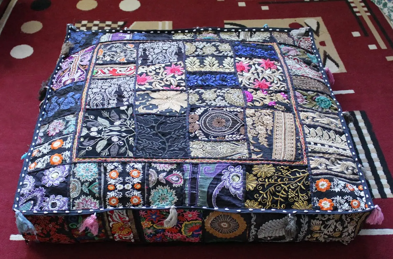 Indian Square Patchwork Traditional Pouf Cover Indian Living Room Poufs Decorative Embroidered Designer Ottoman Home Living 
Indian Square Patchwork Traditional Pouf Cover Indian Living Room Poufs Decorative Embroidered Designer Ottoman Home Living
