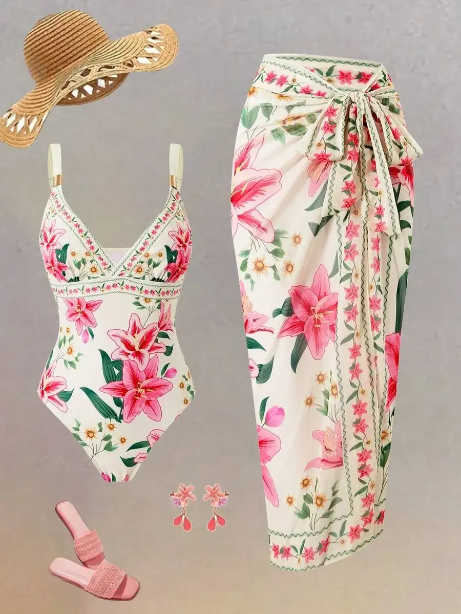 Women Floral Print Swimsuit And Wrap Skirt Beach Set Summer Resort Wear
Women Floral Print Swimsuit And Wrap Skirt Beach Set Summer Resort Wear