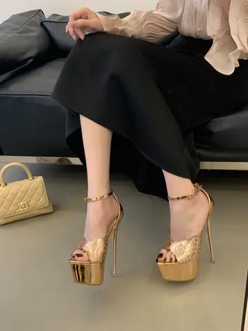 Champagne Gold Rhinestone High Heel Sandals Women's Buckle Fish Mouth Waterproof Platform Ultra High Heels Summer Fashion