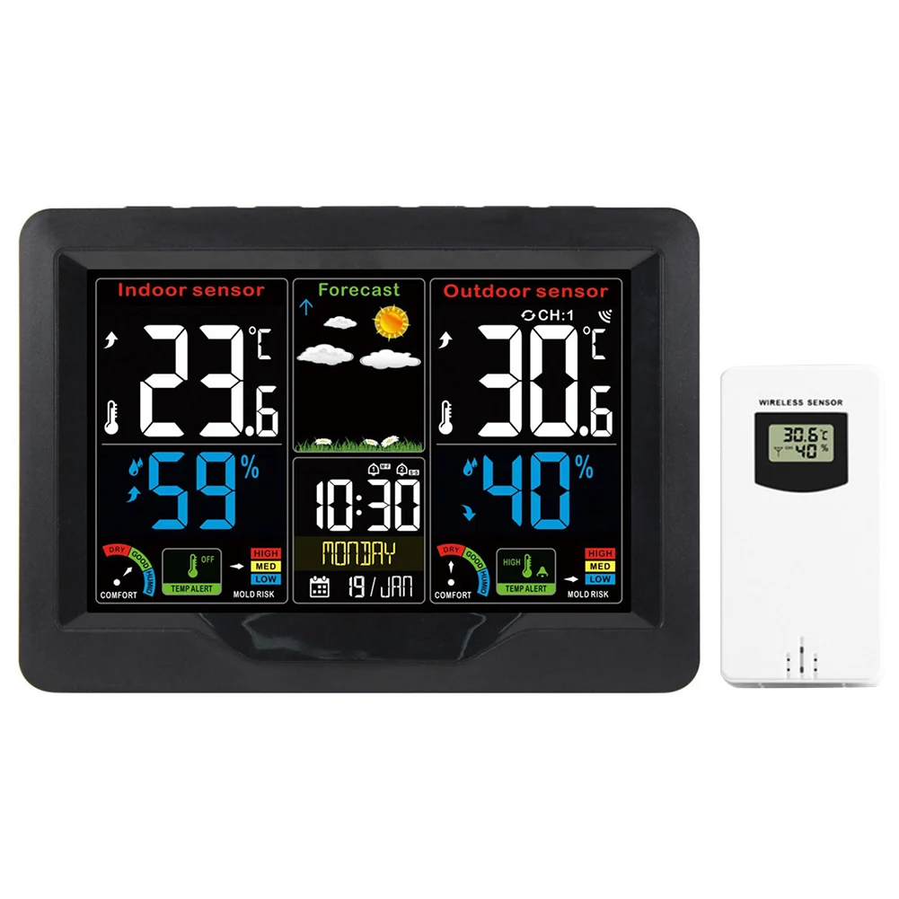 Multi Functional Weather Clock with Wireless Sensor Displays Time in 7 Languages and Comfortable Environment Levels
Multi Functional Weather Clock with Wireless Sensor Displays Time in 7 Languages and Comfortable Environment Levels