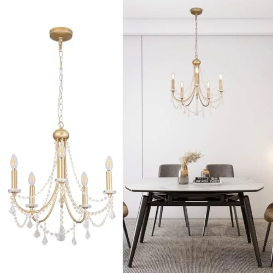 5-Light Farmhouse Chandelier with Crystal Accents Gold Candle-Style Adjustable Pendant Light for Dining Table Bedroom Entryway
5-Light Farmhouse Chandelier with Crystal Accents Gold Candle-Style Adjustable Pendant Light for Dining Table Bedroom Entryway