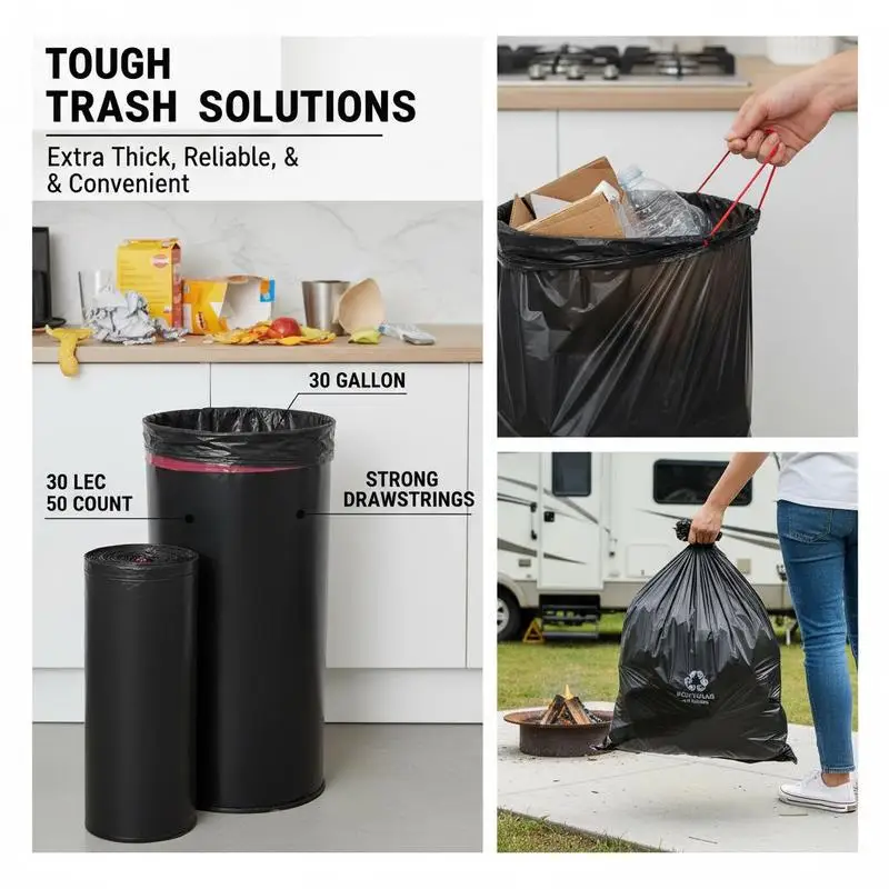 Garbage Liners 30 Gallon 50 Count For Kitchen Office RV Camping, Thick Strong Durable Waste Bags Recyclable Bin Sack Drawstring Closure Black
Garbage Liners 30 Gallon 50 Count For Kitchen Office RV Camping, Thick Strong Durable Waste Bags Recyclable Bin Sack Drawstring Closure Black