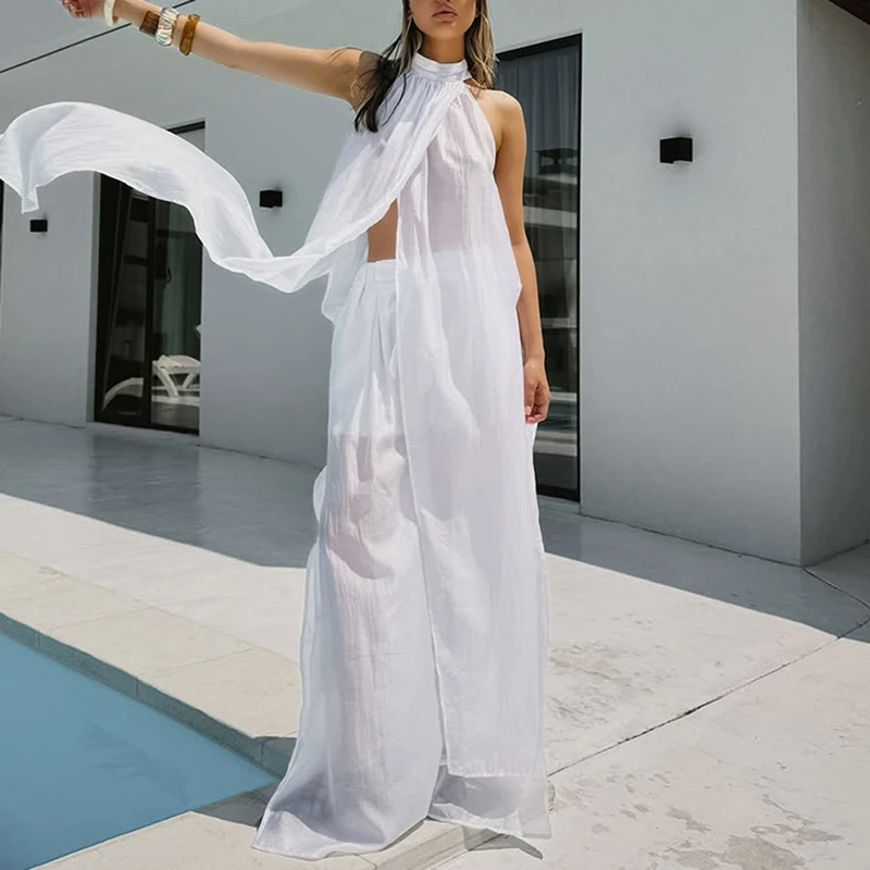 Halter Sleeveless Top & Pant White Suit Casual Simple Irregular Holiday Outfit Lady Elegant Sleeveless Hollow Loose 2Pc Set
Halter Sleeveless Top & Pant White Suit Casual Simple Irregular Holiday Outfit Lady Elegant Sleeveless Hollow Loose 2Pc Set