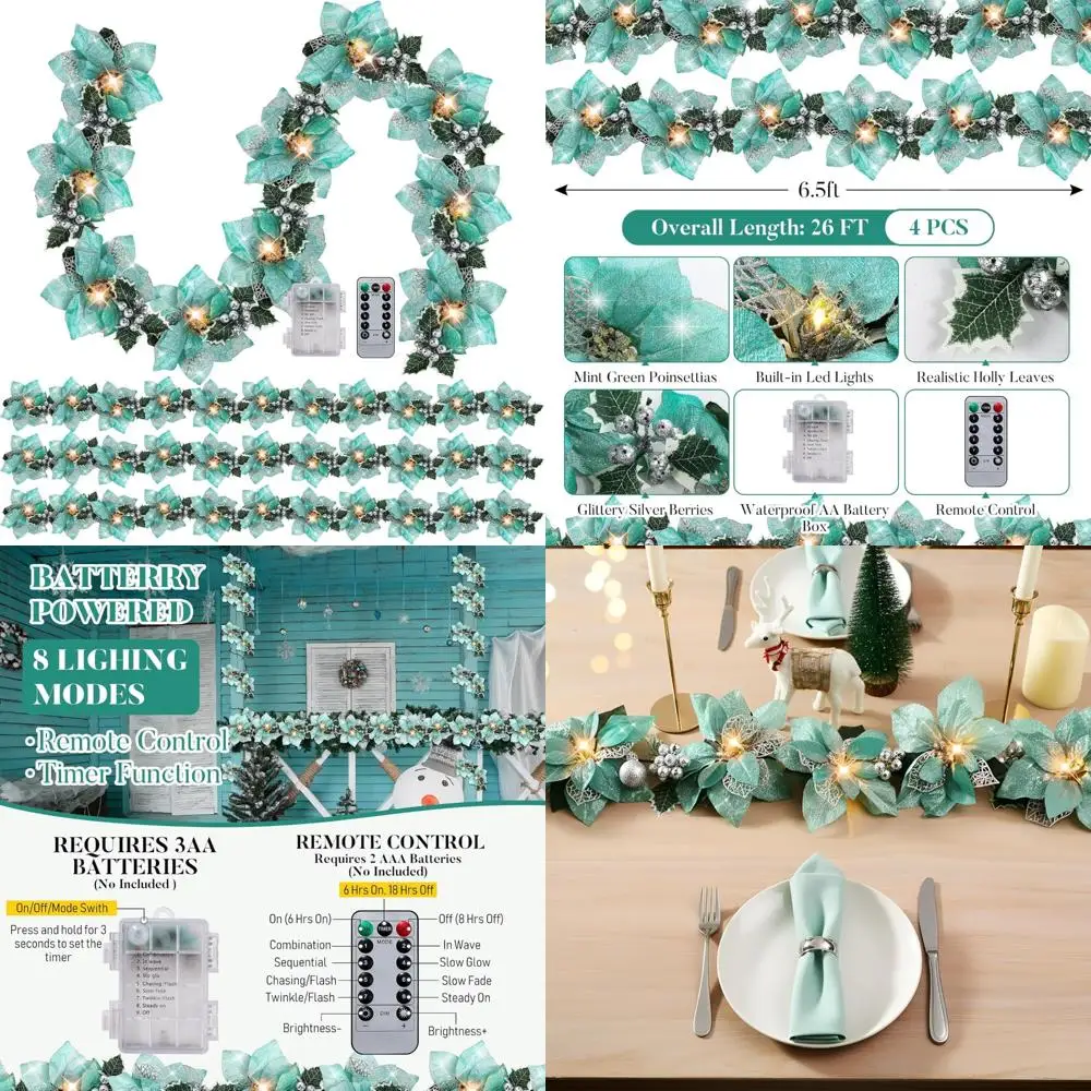 Предлютительная гирлянда Пуансеттия с гирляндами, блестящие листья падули, ягоды, дистанционный таймер, 8 режимов, рождественские украшения на 6,5 футов
Предлютительная гирлянда Пуансеттия с гирляндами, блестящие листья падули, ягоды, дистанционный таймер, 8 режимов, рождественские украшения на 6,5 футов