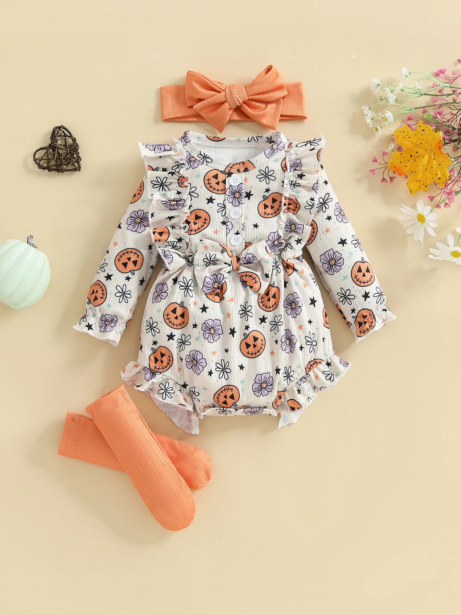 Toddler Girl Halloween Outfit Pumpkin Patch Long Sleeve Romper with Matching Socks and Headband Set for Fall Festivities
Toddler Girl Halloween Outfit Pumpkin Patch Long Sleeve Romper with Matching Socks and Headband Set for Fall Festivities