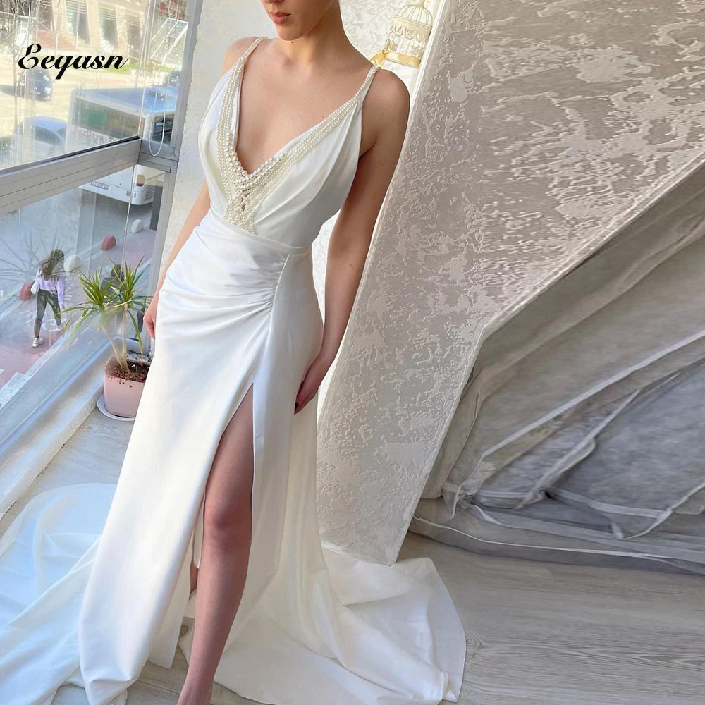 Elegant Long Satin Evening Dress Spaghetti Strap Ruched Pearls Sheath Leg Split Prom Gala Birthday Formal Dresses
Elegant Long Satin Evening Dress Spaghetti Strap Ruched Pearls Sheath Leg Split Prom Gala Birthday Formal Dresses