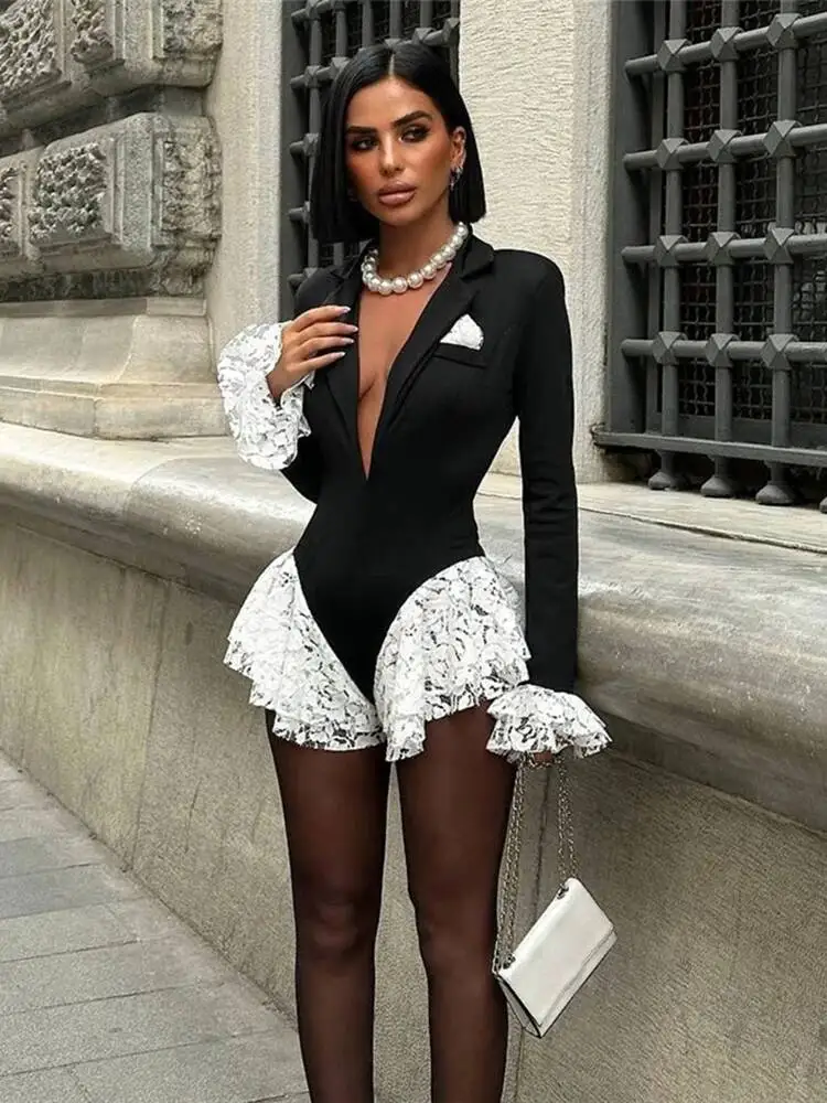 Weird Puss Sexy Ruffle Bodysuit Women Jacquard Deep V-Neck Lapel Tierred Patchwork Full Sleeve Elegant Stretch Skinny Clubwear
Weird Puss Sexy Ruffle Bodysuit Women Jacquard Deep V-Neck Lapel Tierred Patchwork Full Sleeve Elegant Stretch Skinny Clubwear