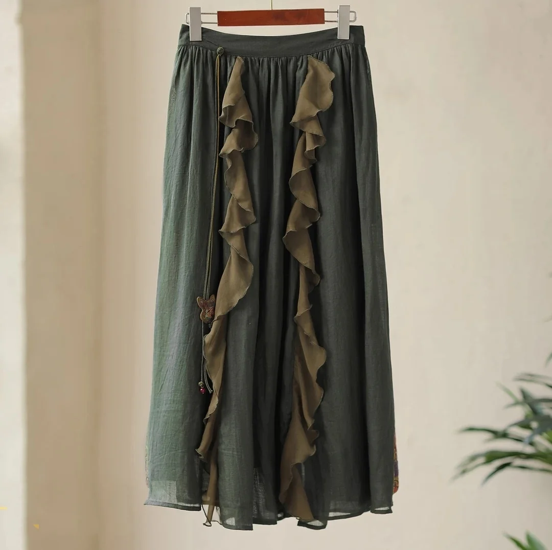 Vintage embroidery Woman skirt 100% linen green Spring flounces long skirt ethnic style Loose elastic waist fashion Tulle skirt
Vintage embroidery Woman skirt 100% linen green Spring flounces long skirt ethnic style Loose elastic waist fashion Tulle skirt