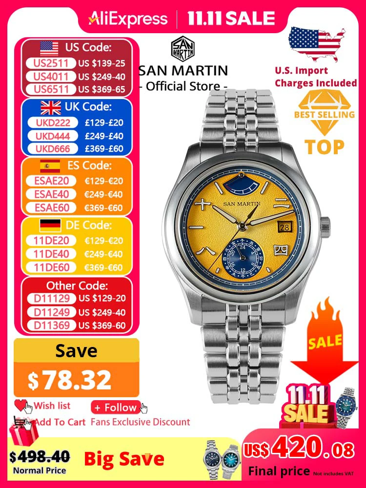 San Martin 39mm Miyota 9132 Power Reserve Display Men Luxury Sport Watch Automatic Mechanical Waterproof Original Design SN0144
San Martin 39mm Miyota 9132 Power Reserve Display Men Luxury Sport Watch Automatic Mechanical Waterproof Original Design SN0144