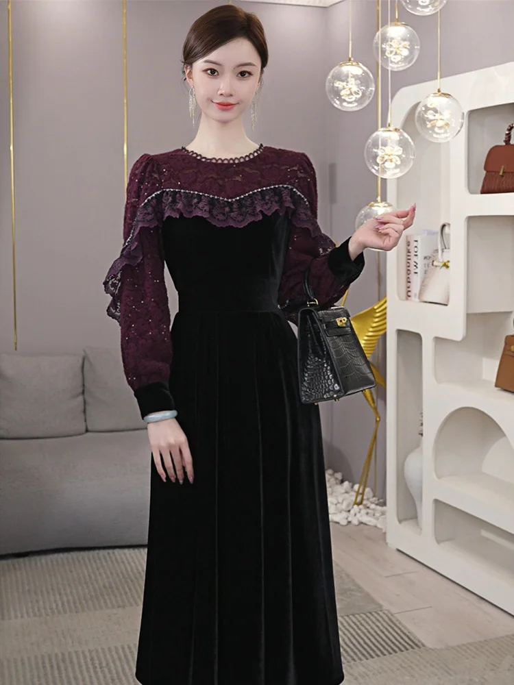 Ele Purple Velvet Dr with Lace Splicing for Women New Year's Faionable Autumn Winter Long Sve round Ne Gown
Ele Purple Velvet Dr with Lace Splicing for Women New Year's Faionable Autumn Winter Long Sve round Ne Gown