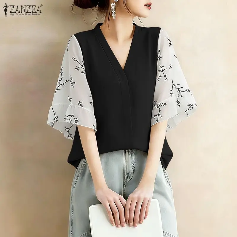 Летняя блузка ZANZEA 2026 с цветочным пэчворком, модная женская рубашка с коротким рукавом, элегантный топ с V-образным вырезом, стильная туника для отпуска
Летняя блузка ZANZEA 2026 с цветочным пэчворком, модная женская рубашка с коротким рукавом, элегантный топ с V-образным вырезом, стильная туника для отпуска