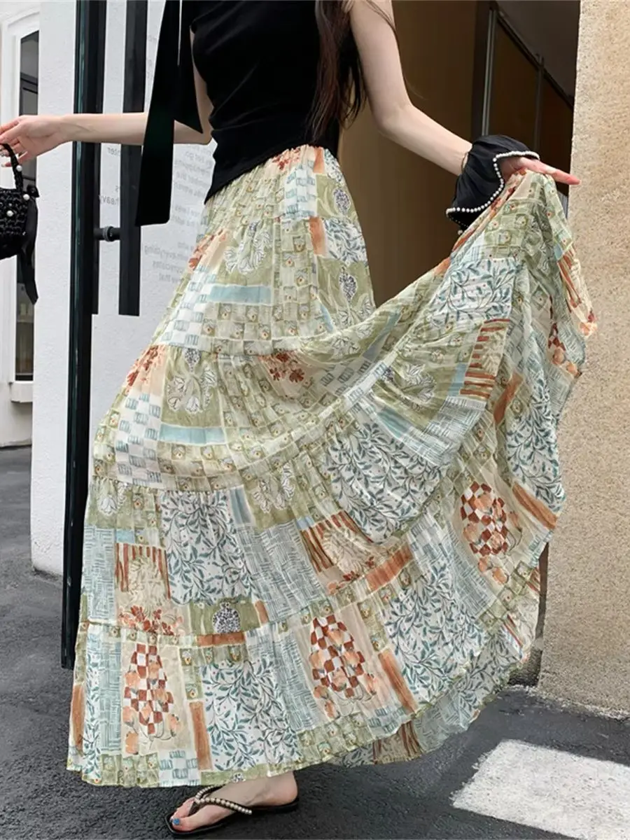 2026 Spring/Summer Ethnic-Style Pleated Chiffon Skirt For Women Bohemian Elastic Waist Plaid Printtted Beach Vacation Long Skirt
2026 Spring/Summer Ethnic-Style Pleated Chiffon Skirt For Women Bohemian Elastic Waist Plaid Printtted Beach Vacation Long Skirt
