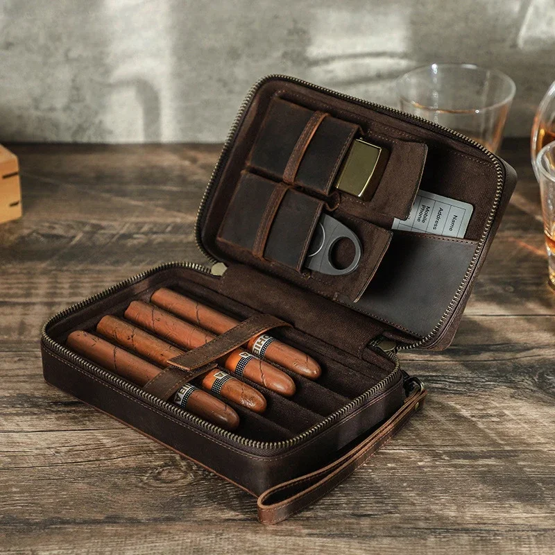 Vintage Cowhide Cigar Box Handmade Wrist Zipper Outdoor Travel Cigar Set Storage Box
Vintage Cowhide Cigar Box Handmade Wrist Zipper Outdoor Travel Cigar Set Storage Box