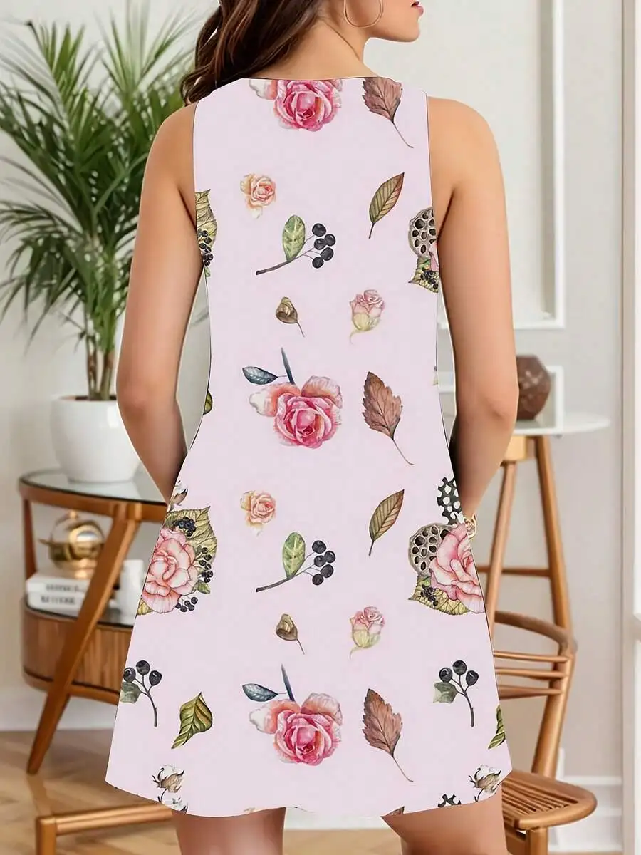 Women Sleeveless Floral Rose Leaf Print Summer Party Dress
Women Sleeveless Floral Rose Leaf Print Summer Party Dress