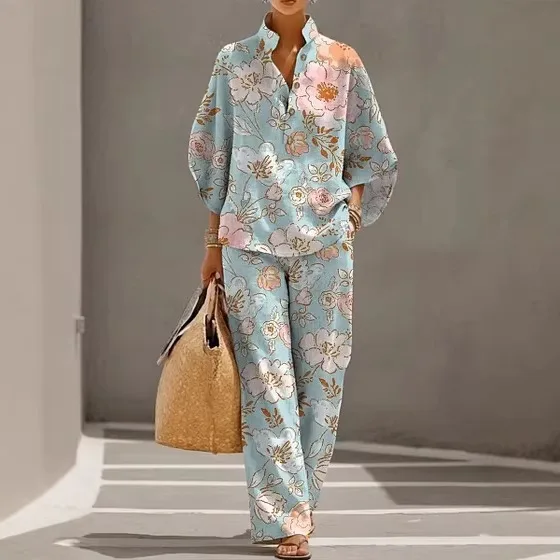 Women's Stand Collar Half Button Batwing Sleeve Shirt Wide Leg Pants Two Piece Set Loose Casual Outfit Summer Daily Commute Suit
Women's Stand Collar Half Button Batwing Sleeve Shirt Wide Leg Pants Two Piece Set Loose Casual Outfit Summer Daily Commute Suit