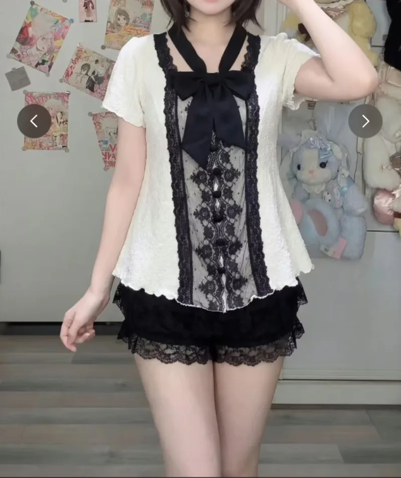 Japanese Style Summer Aesthetic Sweet 2 Piece Sets Women Black White Contrast Lace T-shirt Bow Y2K Top Lace Shorts Kawaii Outfit
Japanese Style Summer Aesthetic Sweet 2 Piece Sets Women Black White Contrast Lace T-shirt Bow Y2K Top Lace Shorts Kawaii Outfit