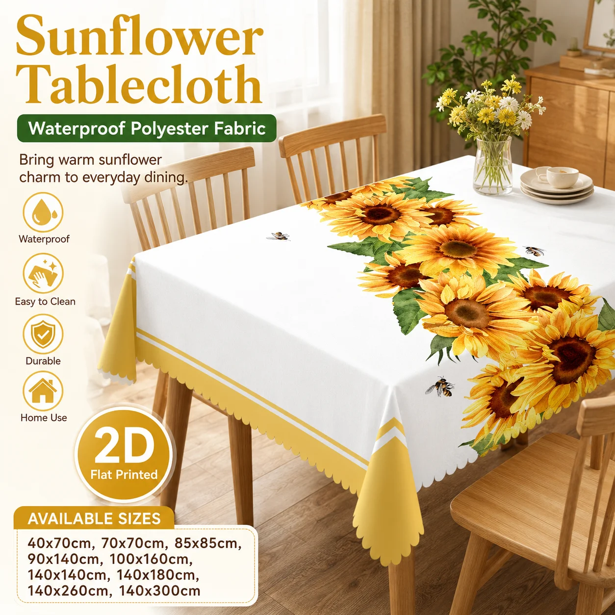 Fresh Sunflower Waterproof Polyester Tablecloth 2D Flat Printed Rectangular Table Cover For Spring Summer Dining Room Decor