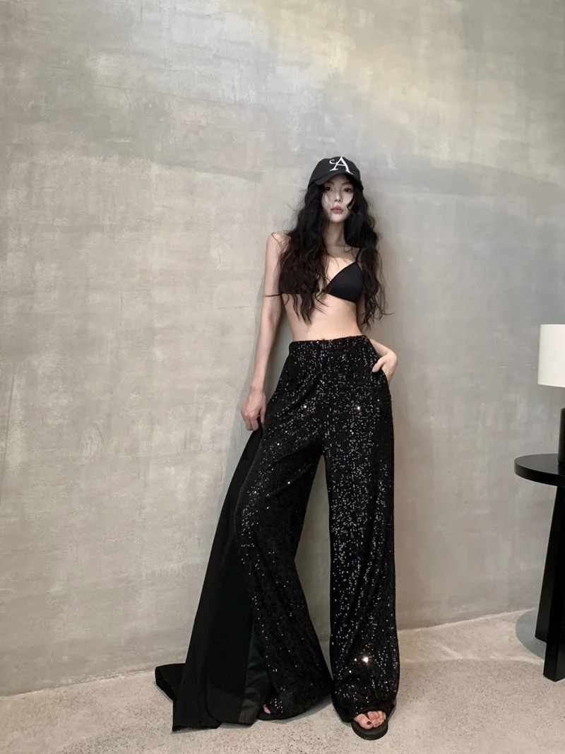 Elastic Waist Design Sequin Black Sliver Casual Pants For Women Autumn Loose Wide Leg High Waist Straight Pants Club Trousers
Elastic Waist Design Sequin Black Sliver Casual Pants For Women Autumn Loose Wide Leg High Waist Straight Pants Club Trousers