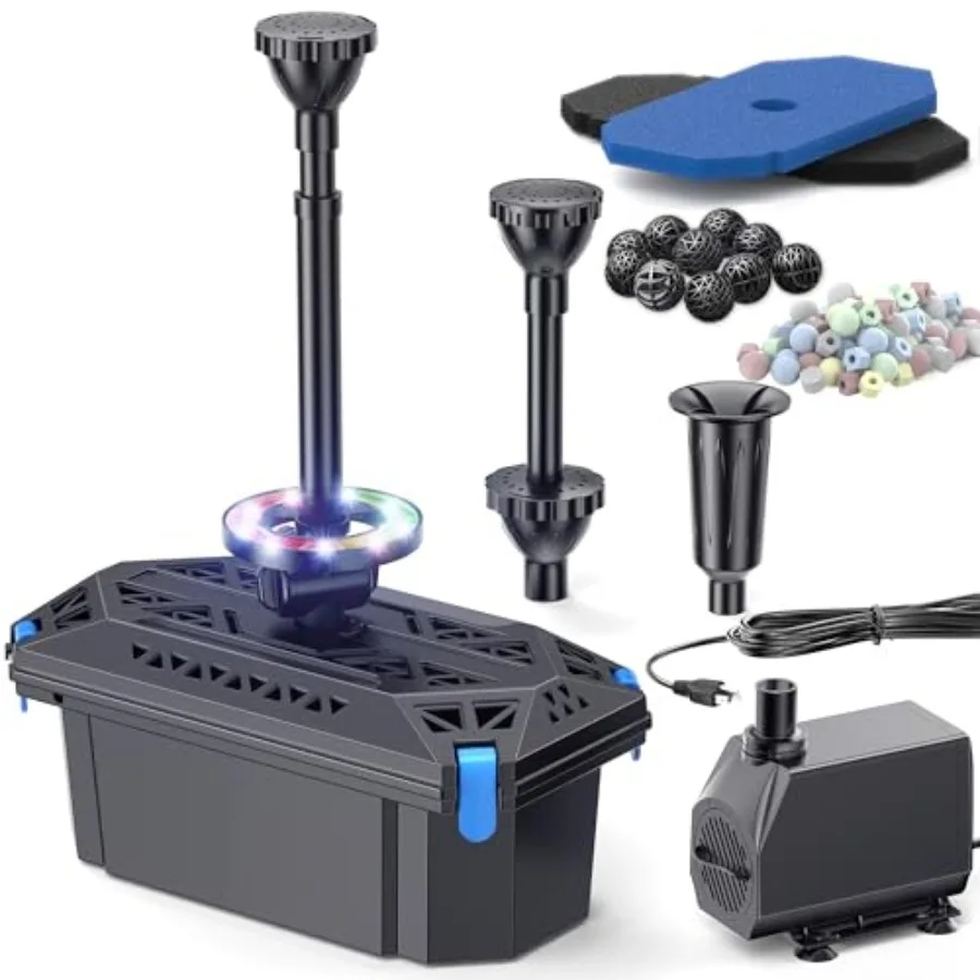 Outdoor Pond Filter Fountain Pump Kit 660GPH with Colorful Lights Multi-layer Filtration for Ponds up to 2000 Gallons
Outdoor Pond Filter Fountain Pump Kit 660GPH with Colorful Lights Multi-layer Filtration for Ponds up to 2000 Gallons