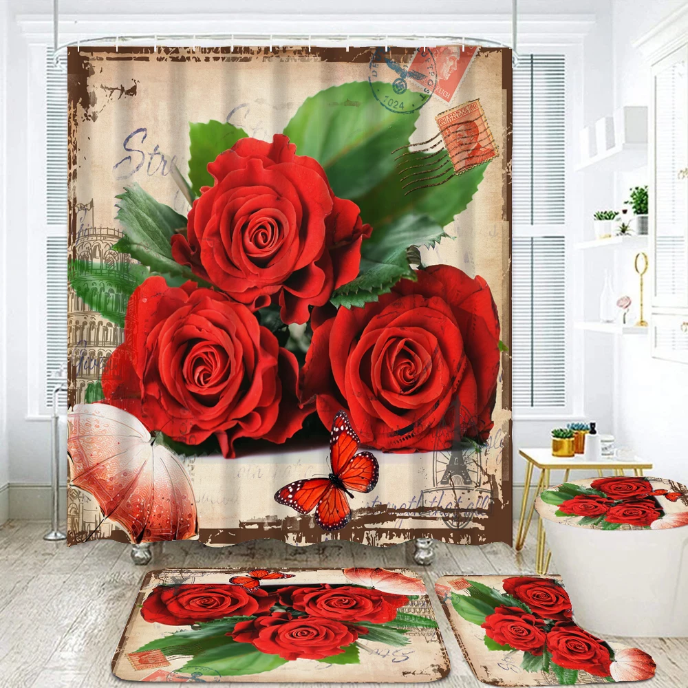 Elegant Red Rose Shower Curtain Sets With Rugs Toilet Lid Cover Bath Mat Waterproof Flowers Bathroom Shower Curtains Set Decor
Elegant Red Rose Shower Curtain Sets With Rugs Toilet Lid Cover Bath Mat Waterproof Flowers Bathroom Shower Curtains Set Decor