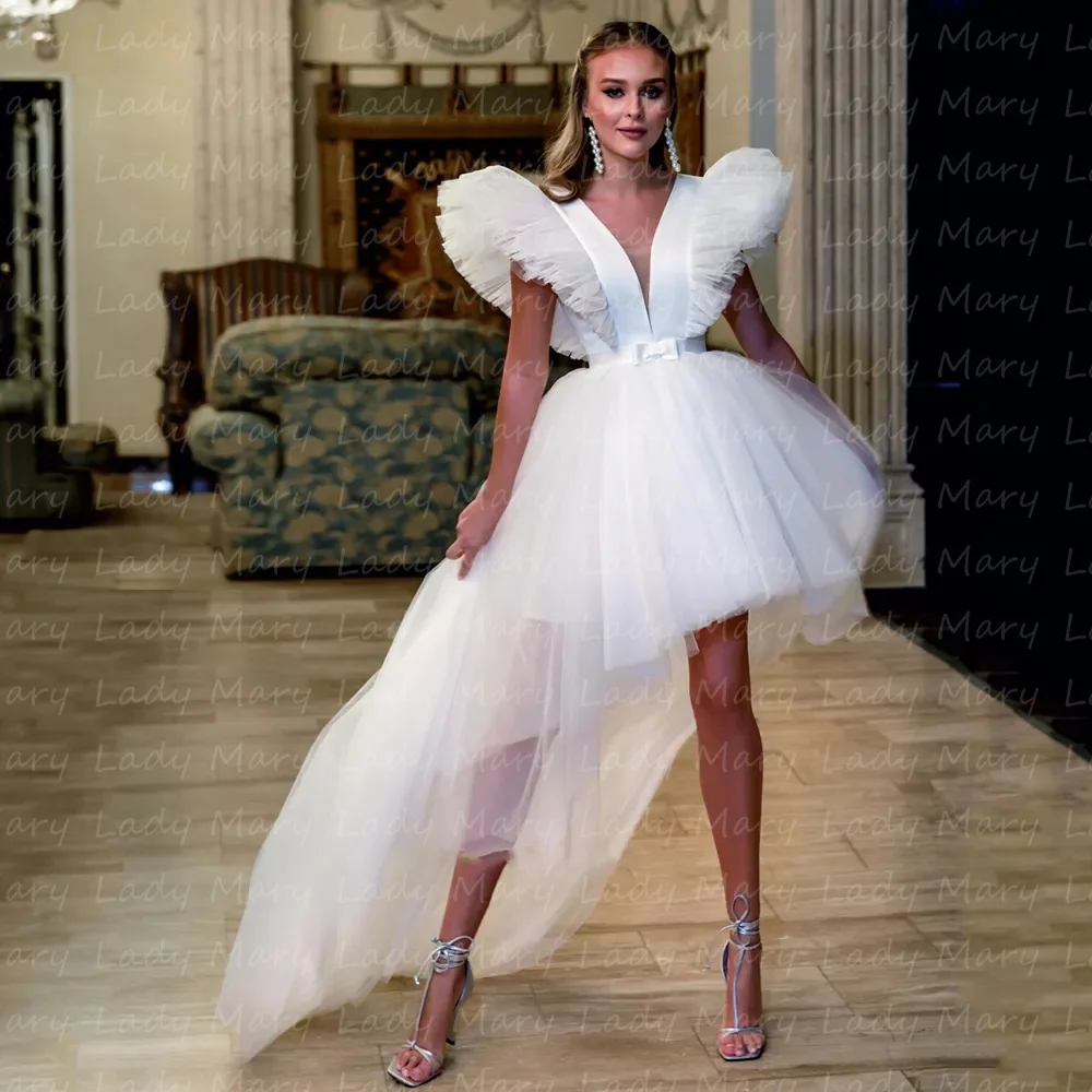 Designer Short Wedding Dresses Deep V Neck Big Ruffle Sleeves Hi Lo Girl Sweet Boho Beach Bridal Gowns Vestidos de Novia
Designer Short Wedding Dresses Deep V Neck Big Ruffle Sleeves Hi Lo Girl Sweet Boho Beach Bridal Gowns Vestidos de Novia