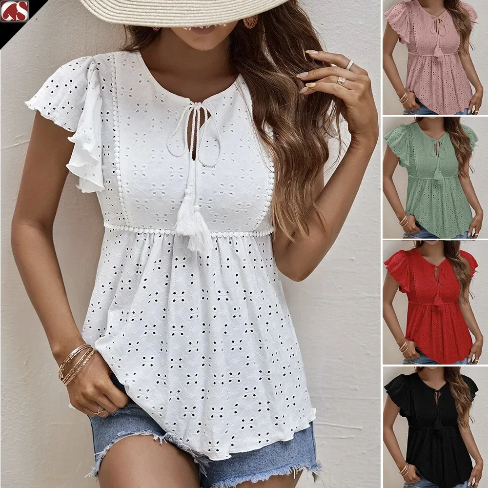 New Summer Women's T-shirt Petal Sleeves High Waist Jacquard Tassel Lace-up Hollow Top Girls Solid Color Versatile Fashion Shirt
New Summer Women's T-shirt Petal Sleeves High Waist Jacquard Tassel Lace-up Hollow Top Girls Solid Color Versatile Fashion Shirt